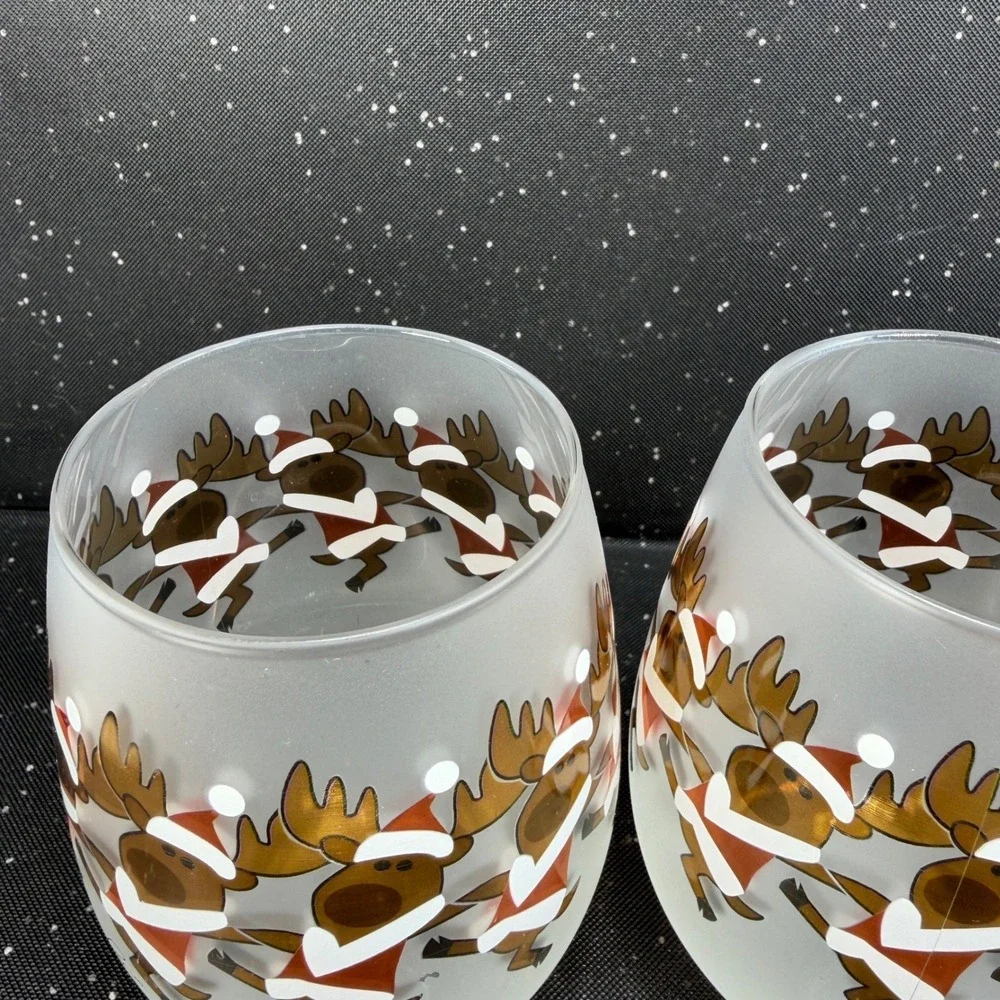 Culver Ltd Frosted Stemless Wine Glasses Dancing Reindeer Christmas Set of 2